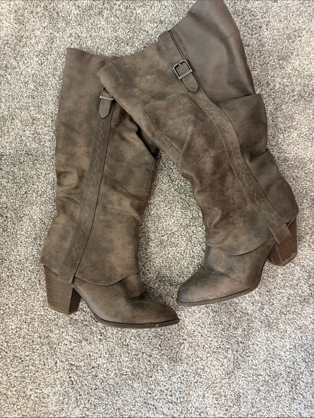 Jellypop Brown Suede-Look Knee High Block Heel Boots